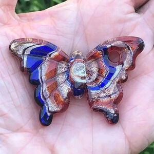 Gorgeous Brown & Gold Murano Glass Butterfly Necklace Pendant NWT